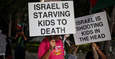 Anti-Israel protesters hold signs reading 