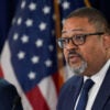 Manhattan District Attorney Alvin Bragg, alongside New York City Mayor Eric Adams, addresses the media about indictments in last month’s shooting of an off-duty federal agent, New York City, U.S., August 6, 2025.